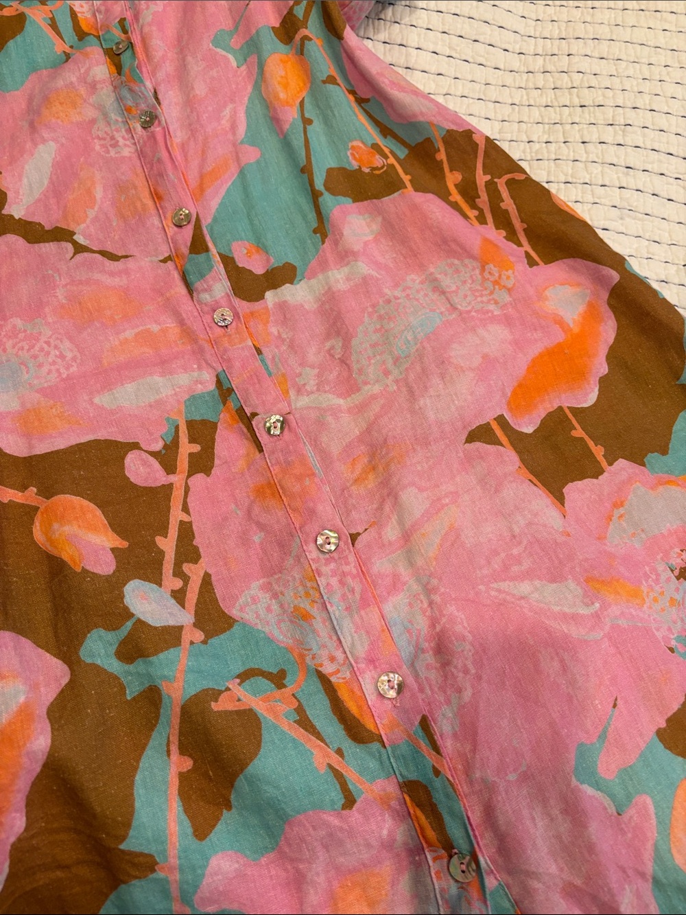 Lanhtropy brand Colorful Floral Button-Front Midi Dress - Pink, Teal & Brown - Picture 6 of 6